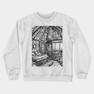 a hand drawn hut with a dog laying on bed Crewneck Sweatshirt